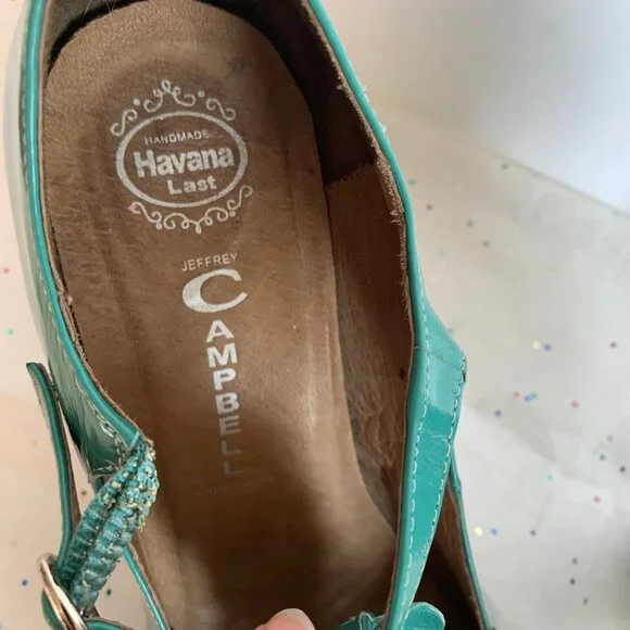 Jeffrey Campbell Y2K Frill Teal Blue Green Ruffle T strap Retro Inspired Pump 7 - Picture 10 of 10